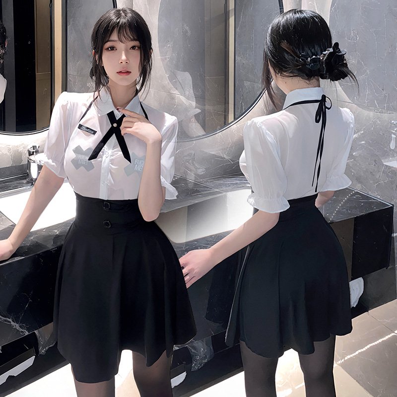 Front chest pleated see-through college style suit 6493